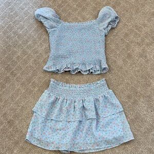 Cat & Jack Smocked Ruffle Floral Blue Kids Bottoms Set- Small 6/7